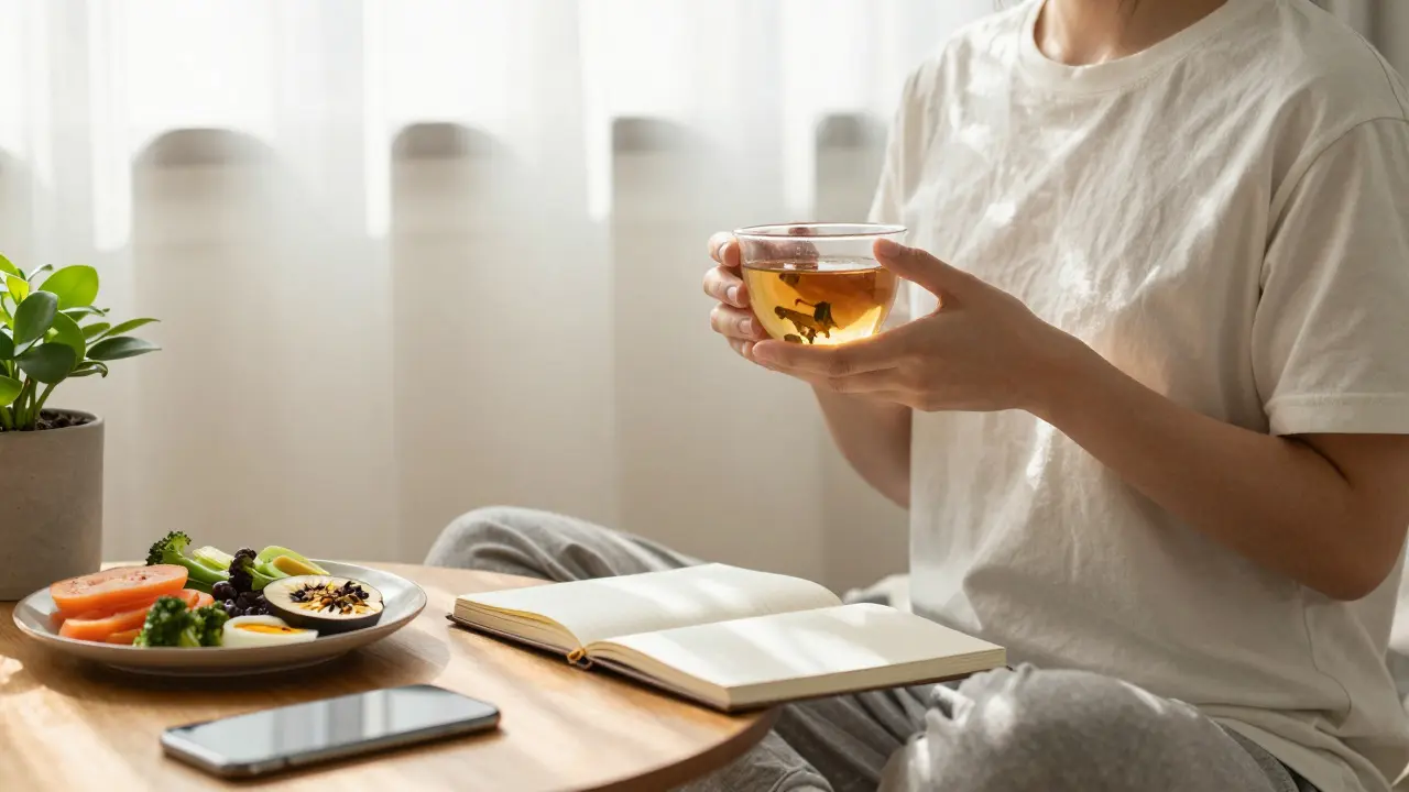 Person relaxing with tea and breathing deeply in a calm, sunny room.