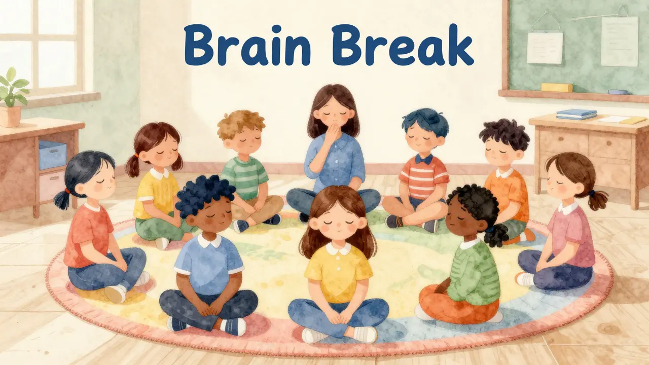 Students sitting quietly on rug during a mindful breathing break