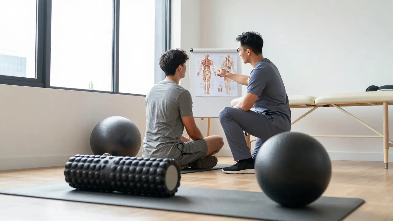 Therapist and athlete reviewing knee anatomy in a bright clinic