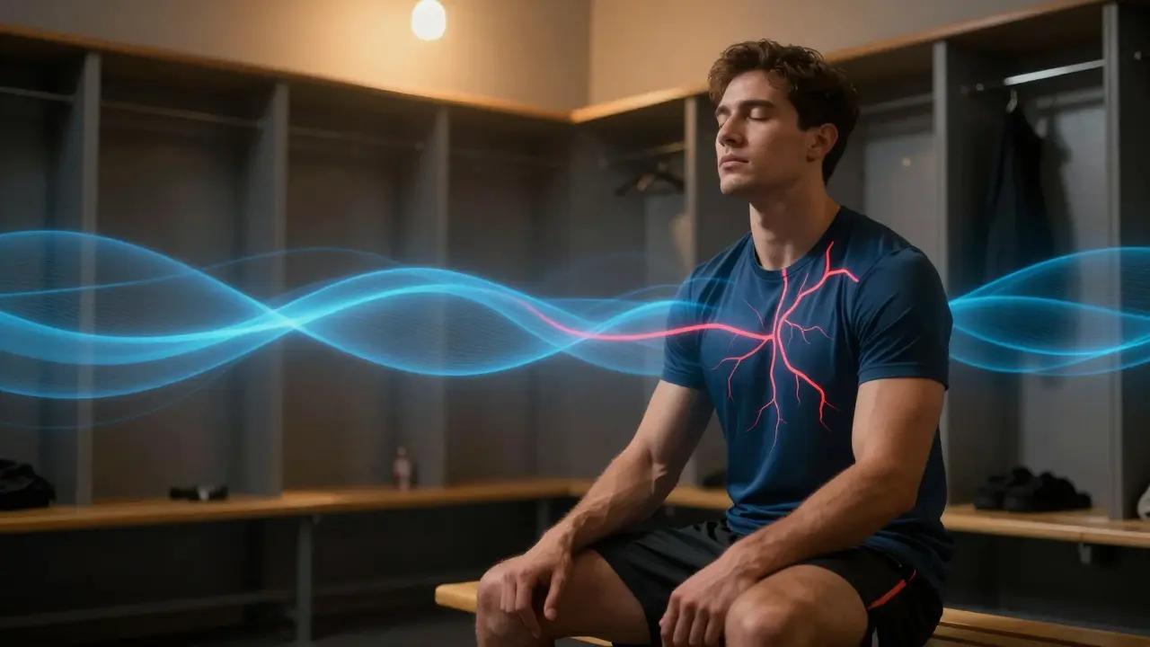 Athlete relaxing with visual representation of stress reduction and calm.