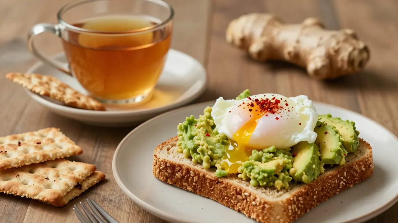 Avocado toast with poached egg and ginger tea for nausea relief