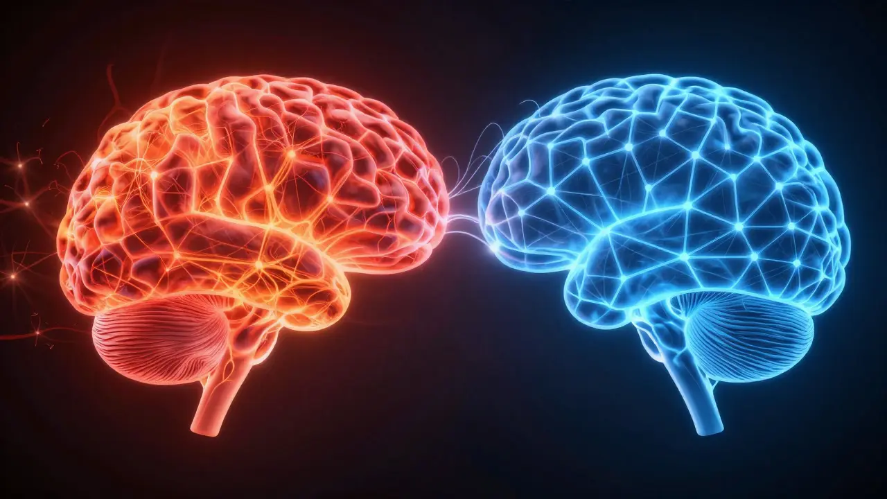 Brain visualization showing stress vs control pathways