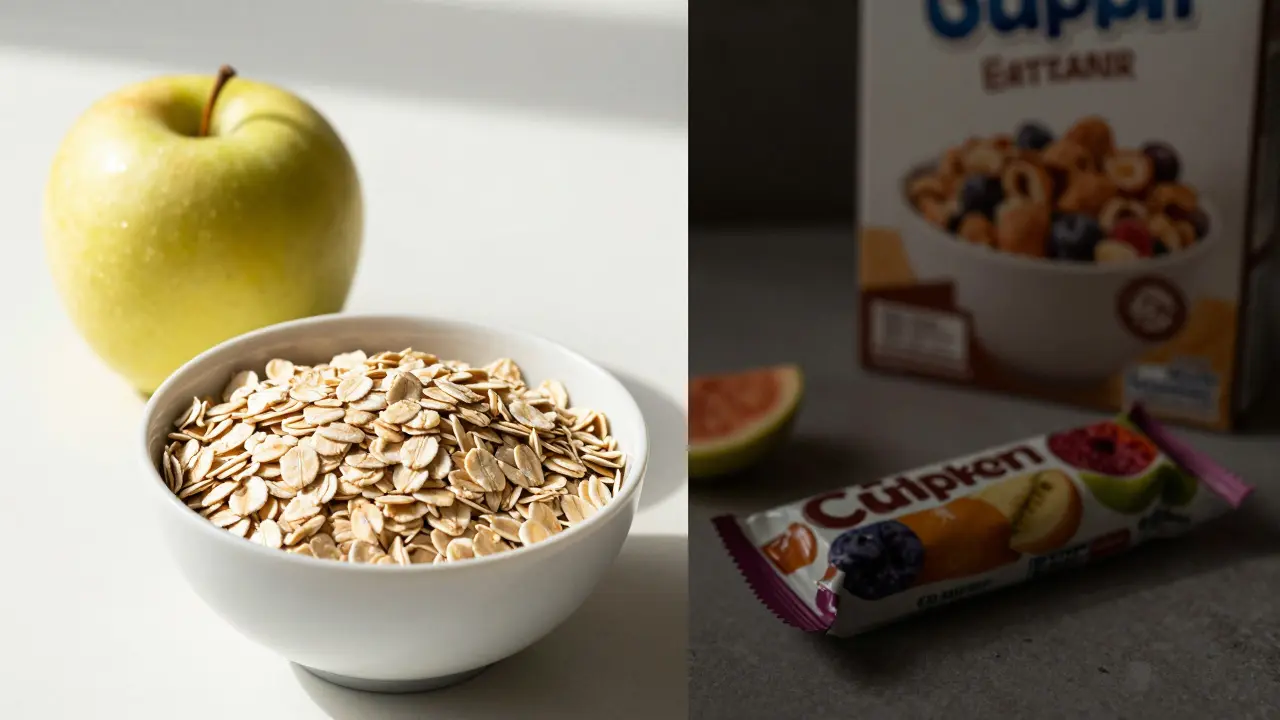 Contrast between fresh whole foods like apples and oats versus processed snacks.
