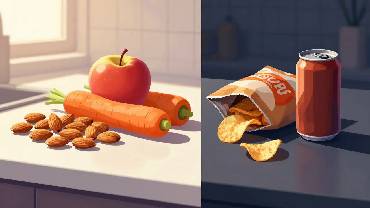 Contrast between healthy whole foods like nuts and apples versus processed chips.