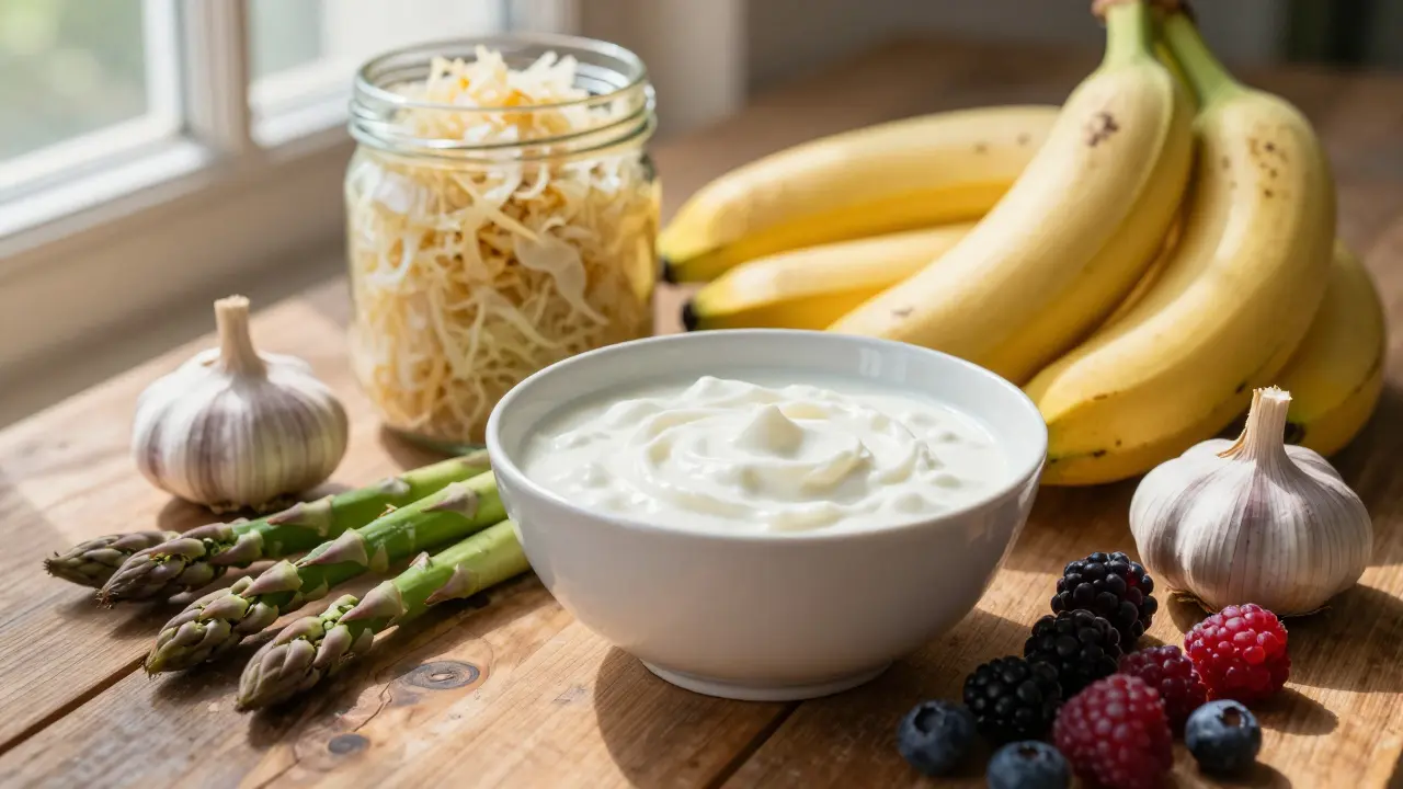 Fresh gut-friendly foods like yogurt, sauerkraut, and berries on a wooden table