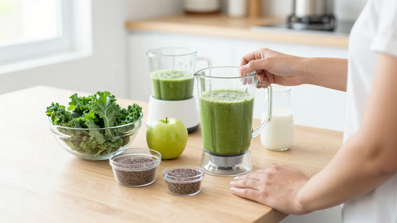 Fresh ingredients like kale and apples arranged for making a healthy smoothie.