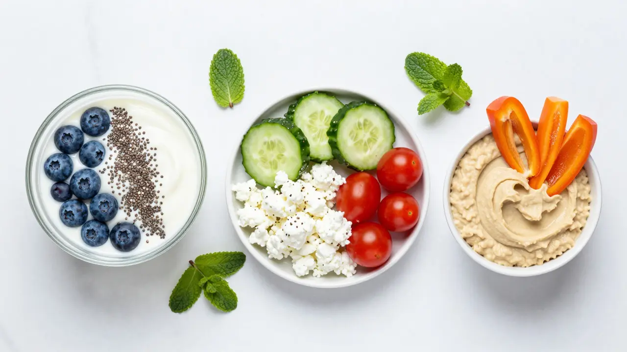 Greek yogurt parfait, cottage cheese veggies, and hummus on a marble counter
