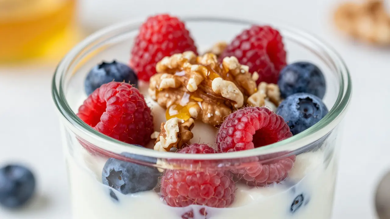 Greek yogurt parfait with berries and walnuts in a glass jar