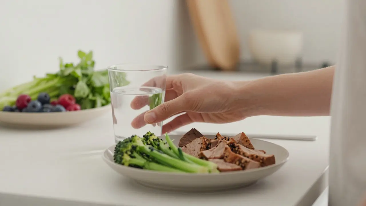 Hands placing water and healthy food on a table, symbolizing mindful eating.