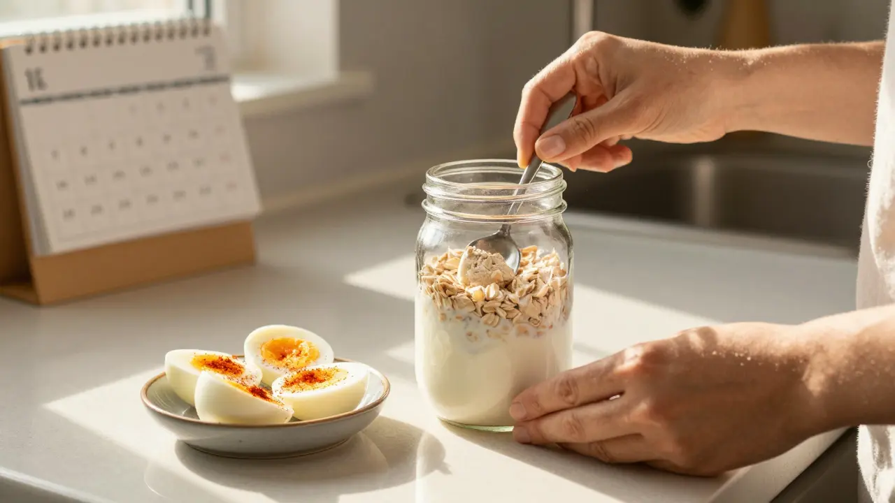 Hands preparing overnight oats and hard-boiled eggs in a sunny kitchen