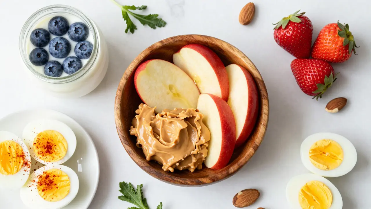 Healthy snack options like apple with almond butter and yogurt with berries