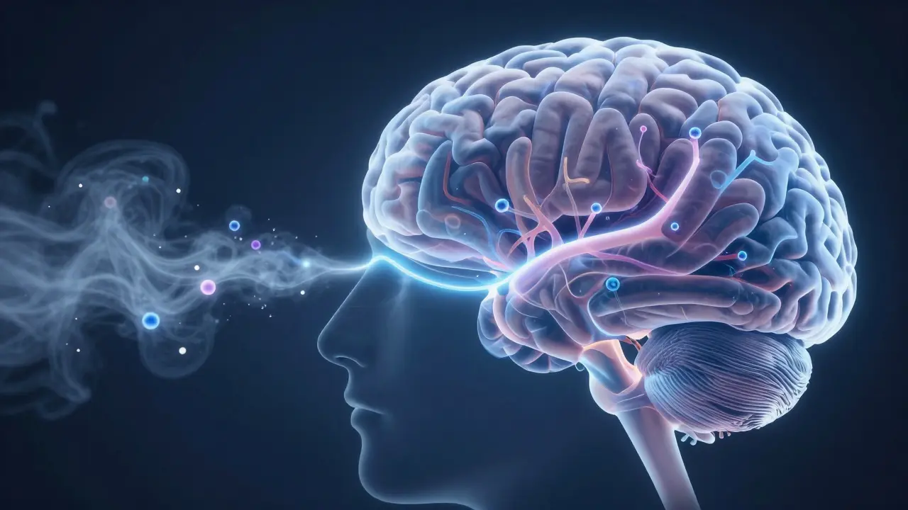 Illustration of aroma molecules traveling from nose to brain limbic system