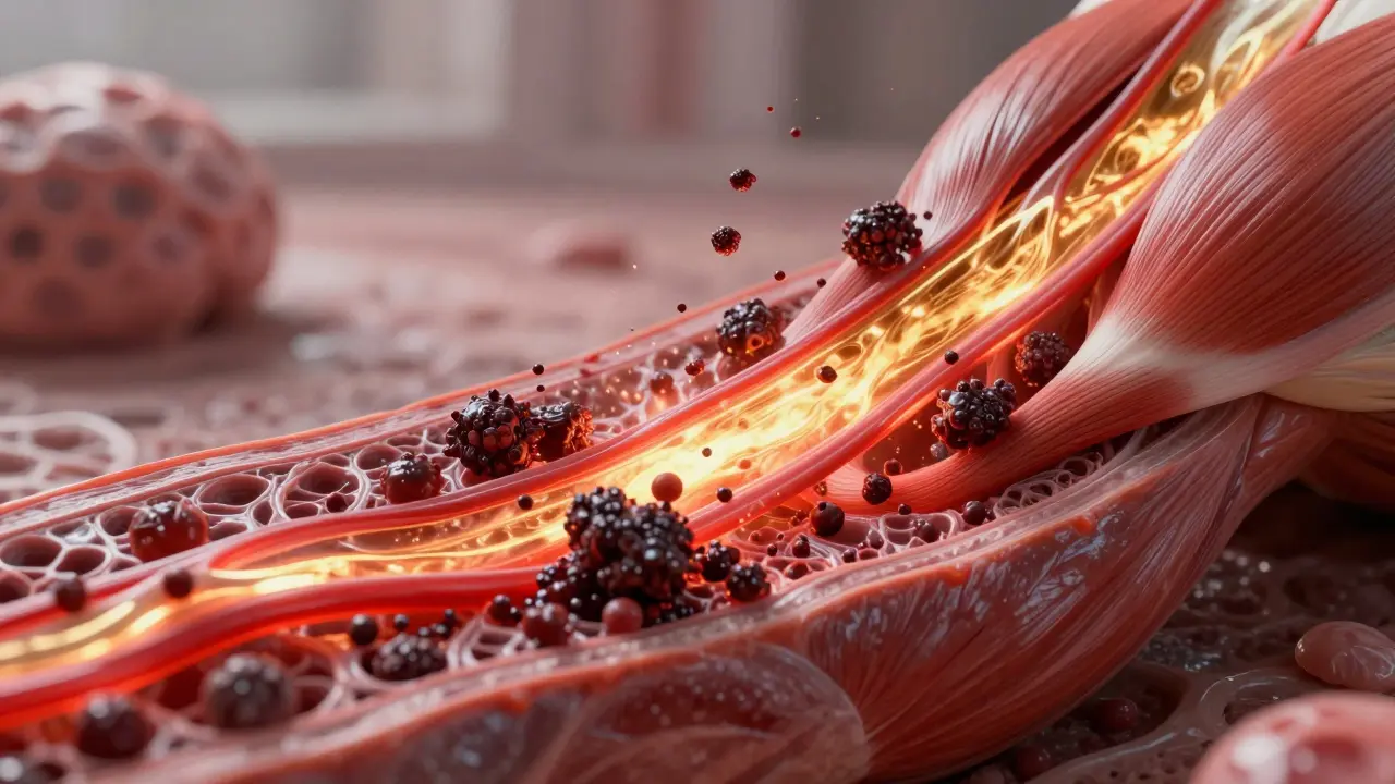 Illustration of fresh blood flushing out metabolic waste from muscle tissue.