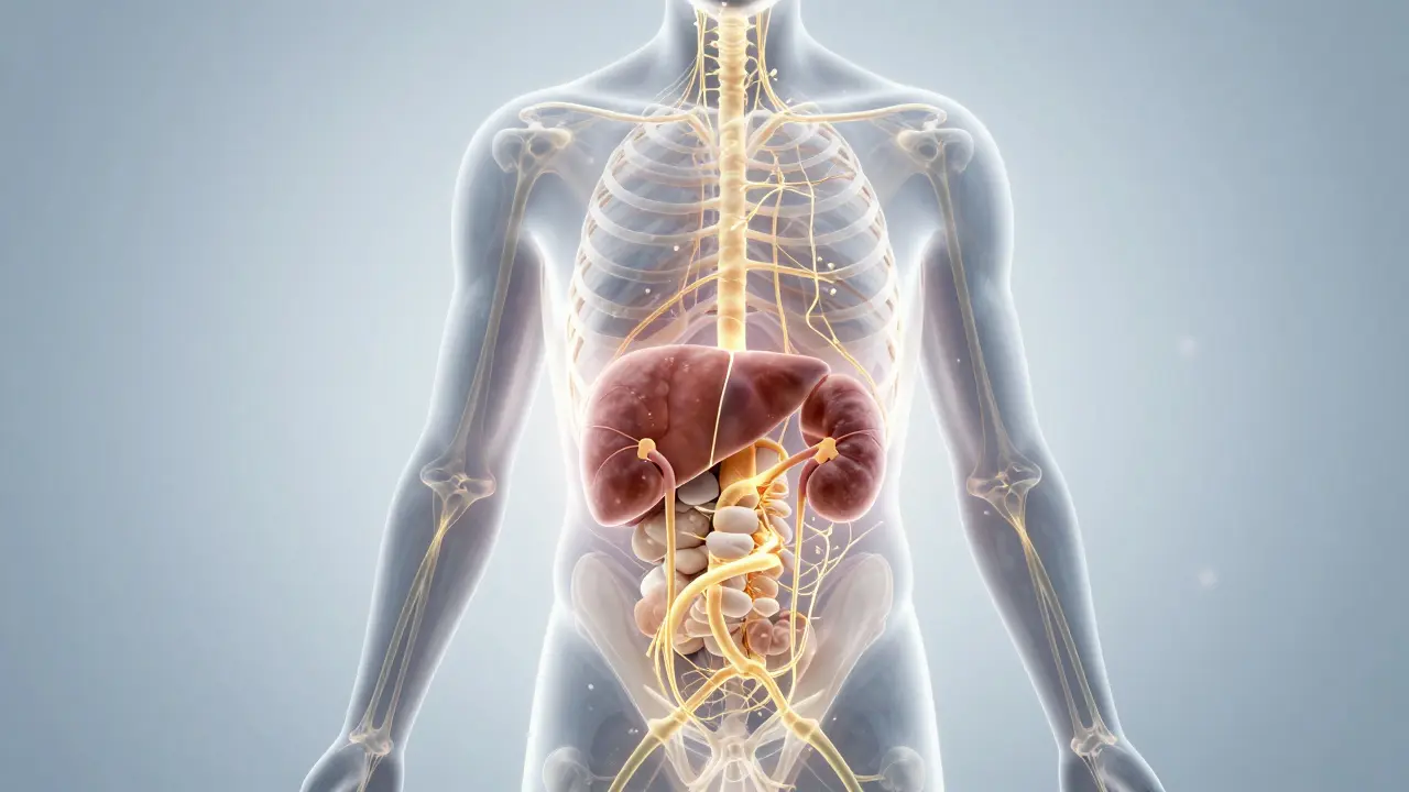 Illustration of human liver and kidneys naturally filtering toxins in the body.