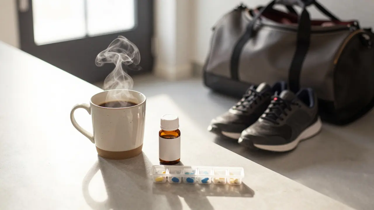 Morning coffee next to vitamins and running shoes by the door, showing habit stacking