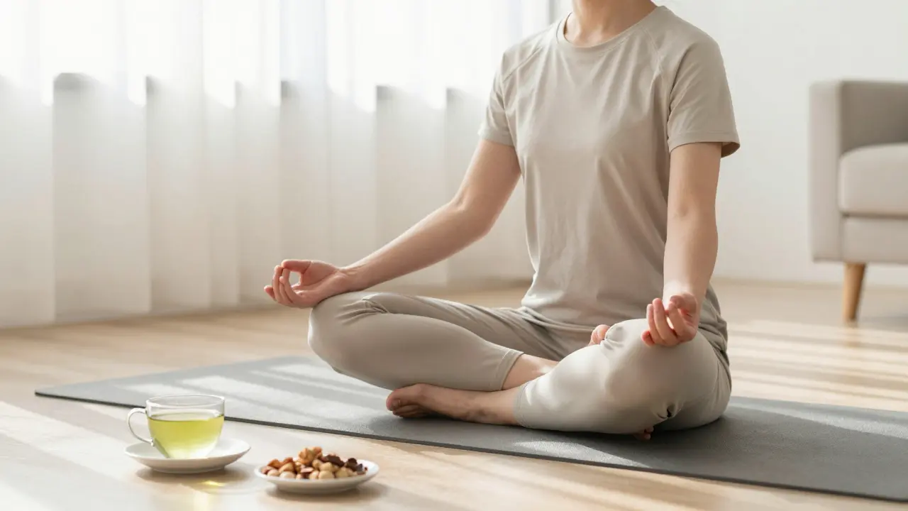 Person meditating peacefully in a sunlit room with healthy snacks nearby
