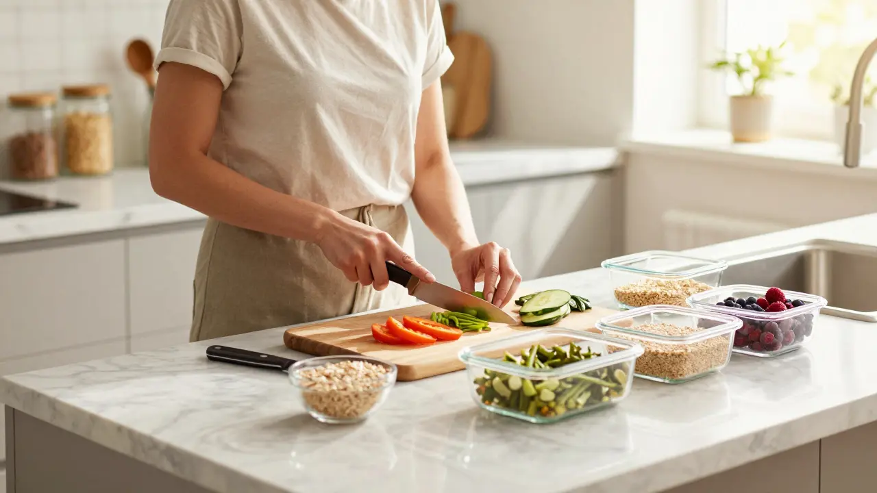 Person preparing healthy meals in glass containers in a sunny kitchen.
