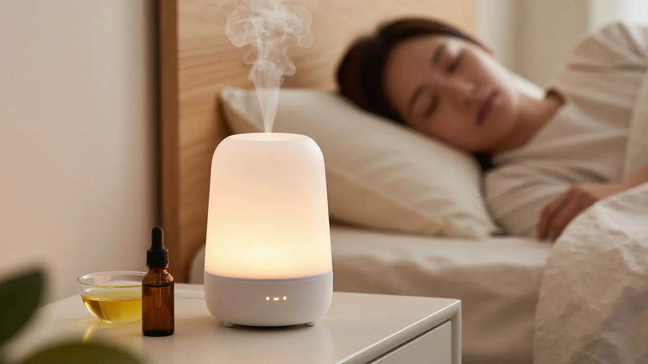 Ultrasonic diffuser releasing mist in a calm, dimly lit bedroom