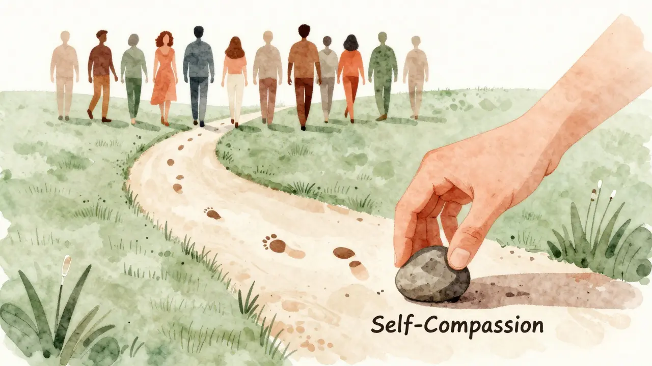 Watercolor art of a path continuing after a missed step, symbolizing resilience