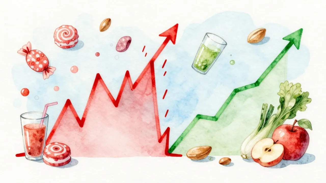 Watercolor illustration comparing sugar crash vs sustained energy from healthy food