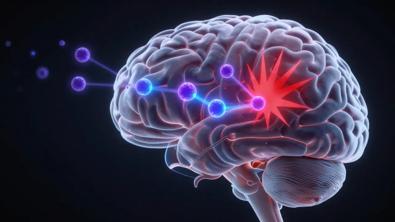 Abstract 3D art showing scent molecules calming pain signals in the brain
