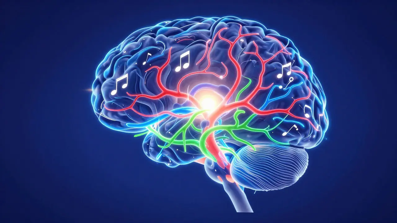 Abstract illustration of a brain with colorful neural pathways representing creative healing.