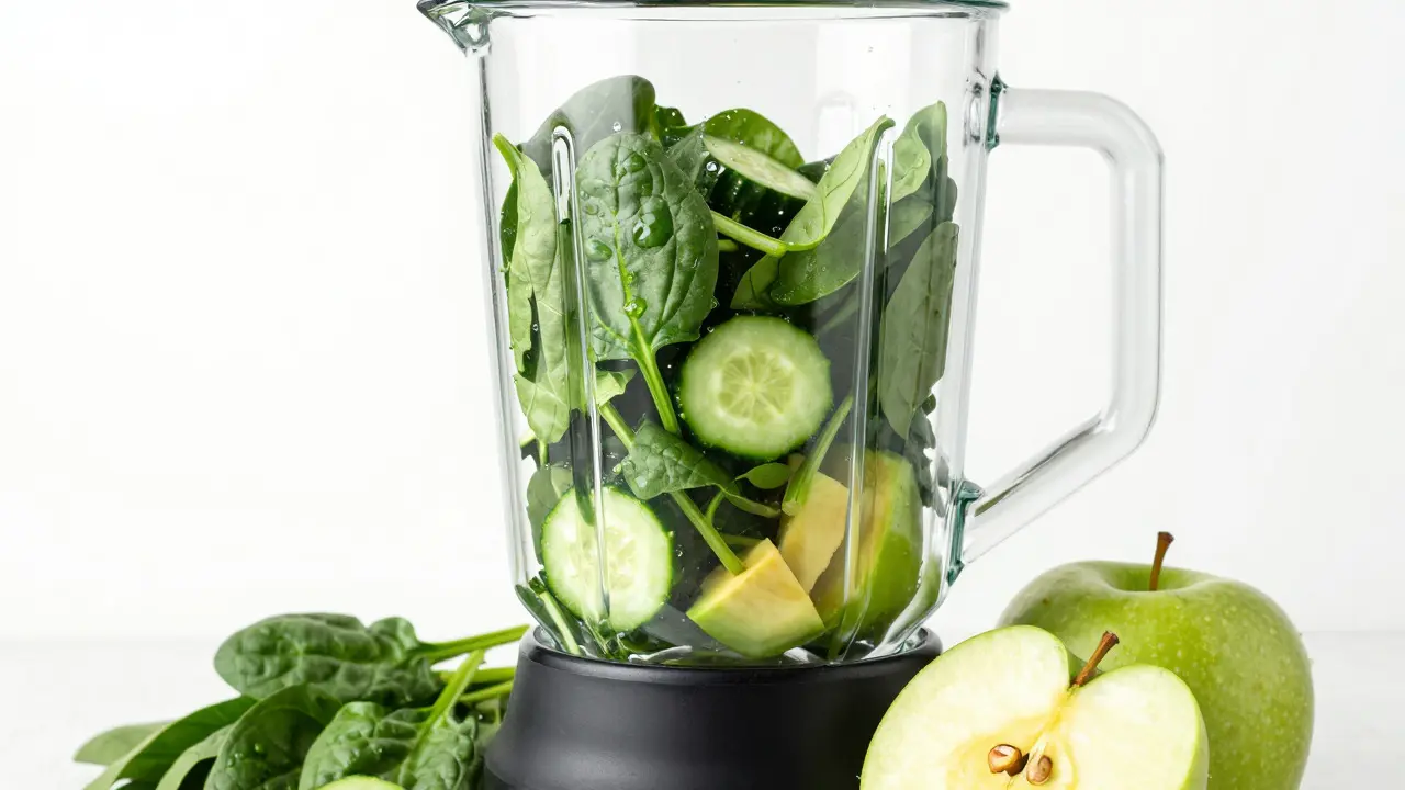 Blender with spinach, cucumber, apple, and avocado for green smoothie