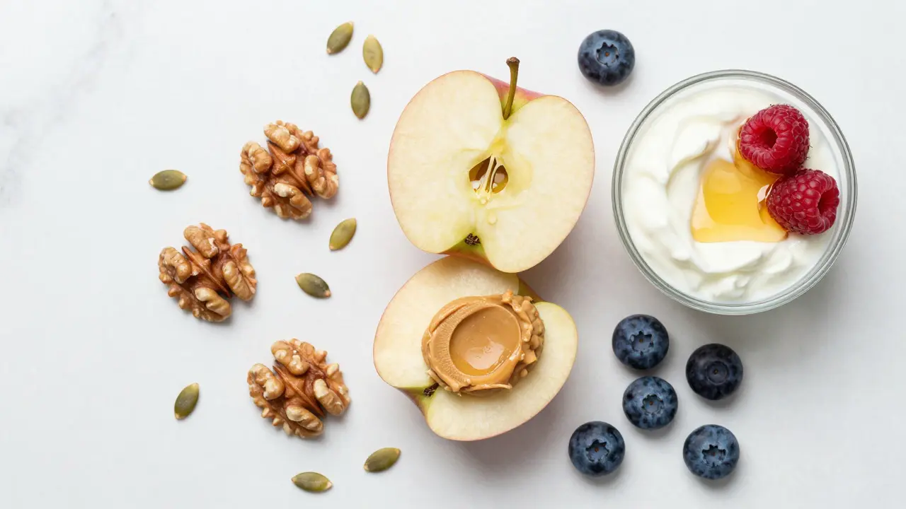 Fresh apple slices with almond butter and berries on marble