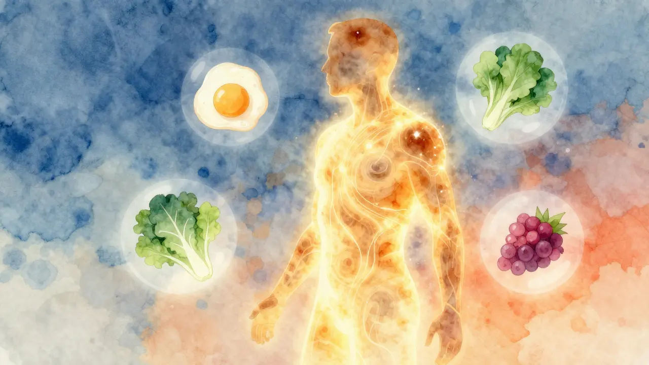 Glowing human silhouette surrounded by healthy food icons