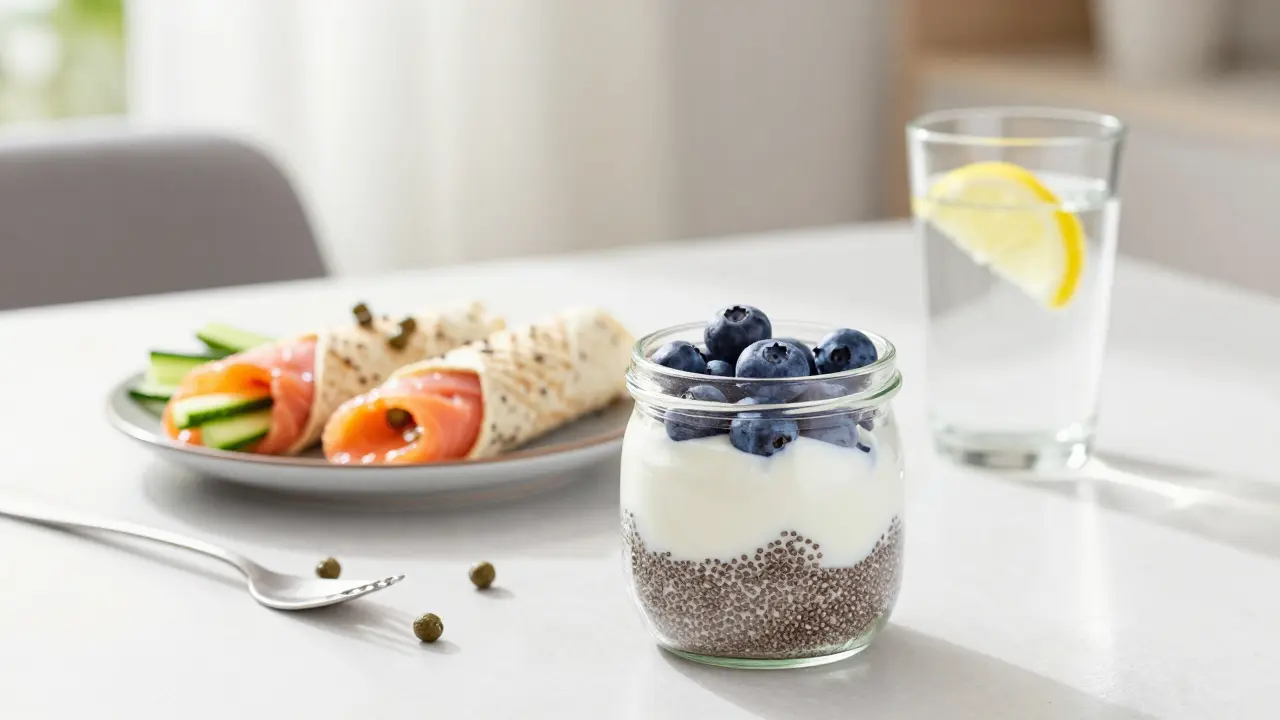 Greek yogurt parfait and smoked salmon cucumber bites on table