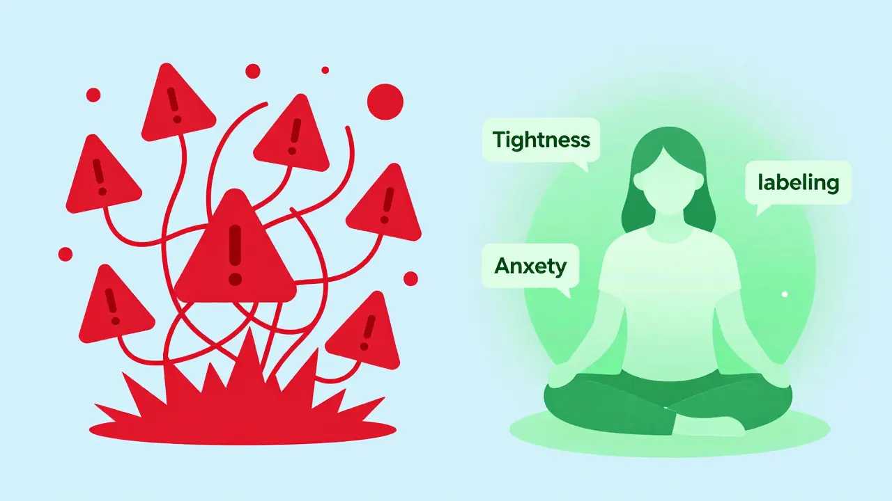 Illustration contrasting chaotic fear with calm labeling