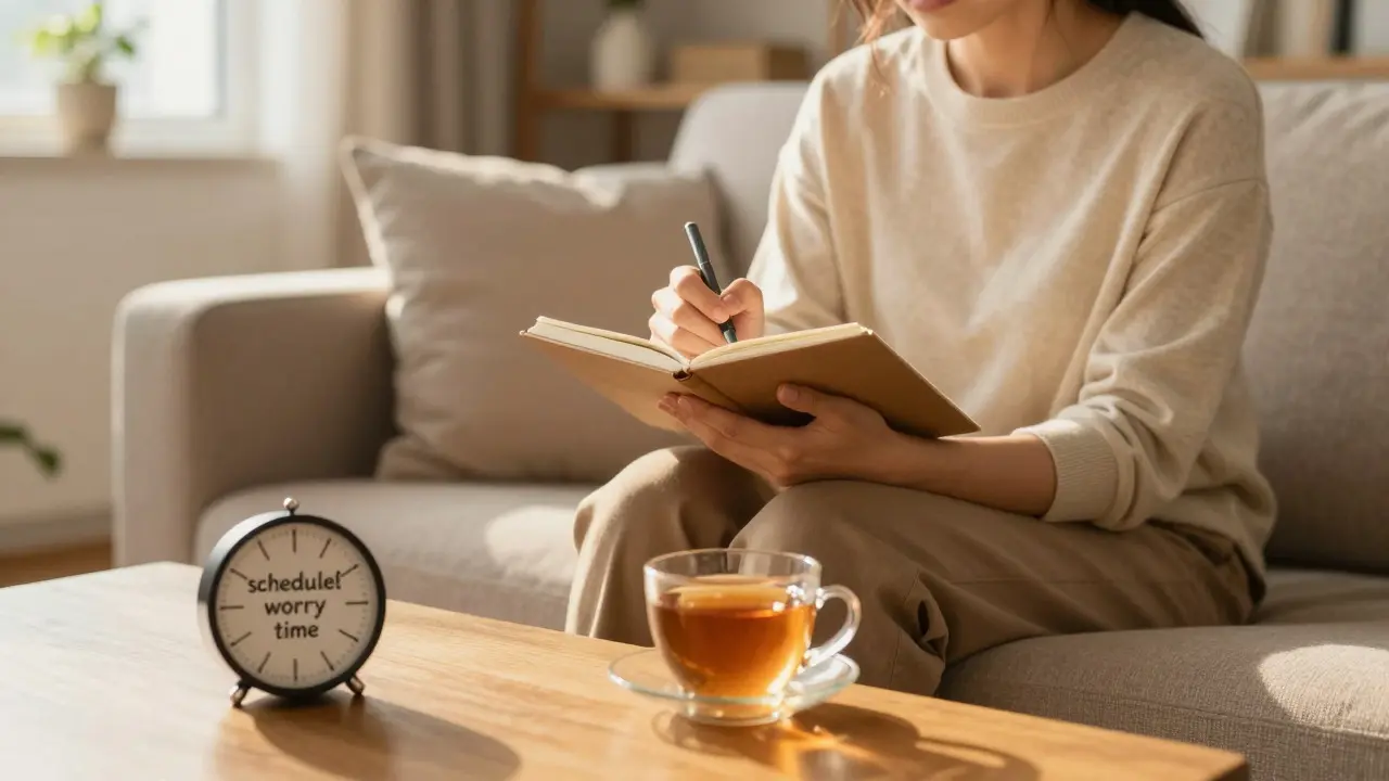 Person journaling calmly in sunny room with timer