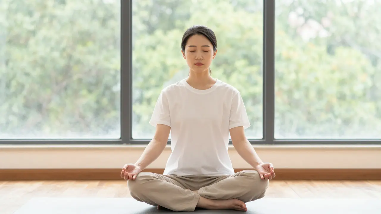 Person meditating peacefully in a bright, sunlit room
