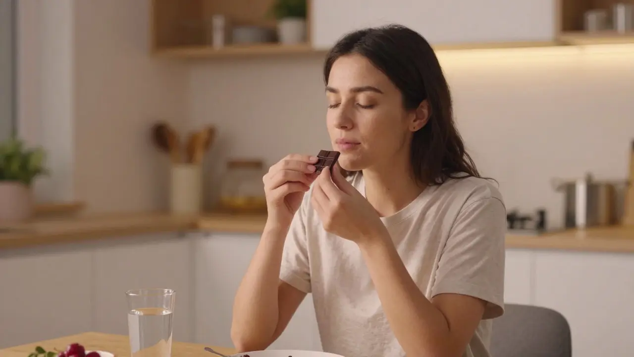 Person mindfully enjoying a healthy snack at a kitchen table