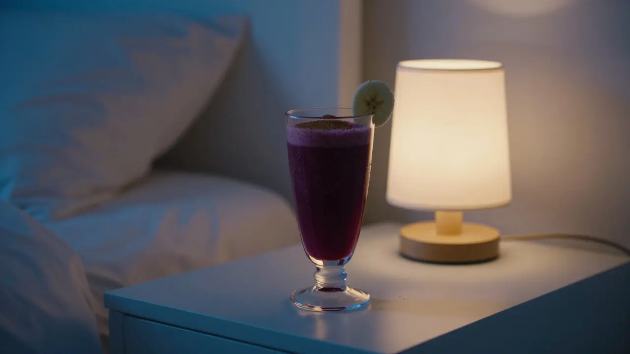 Purple tart cherry smoothie on bedside table with warm lamp light