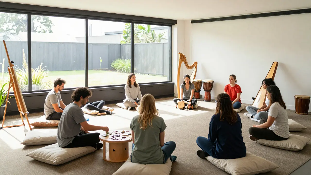 Sunlit therapy room with diverse people engaging in art, music, and movement activities.