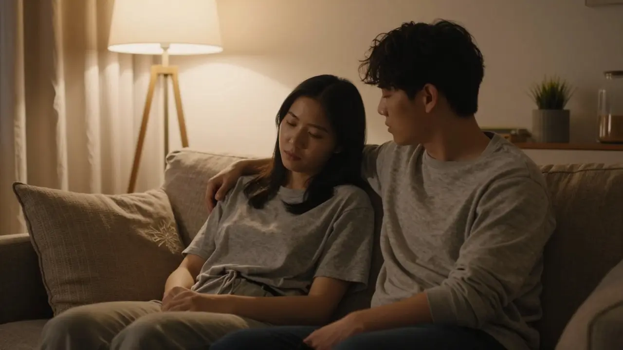 Two friends calming each other on a sofa