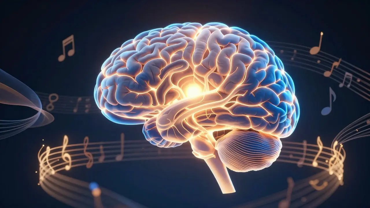 Abstract illustration of a brain connected by musical and movement elements