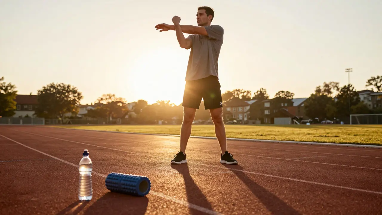 Athlete stretching on track at sunrise with recovery tools nearby