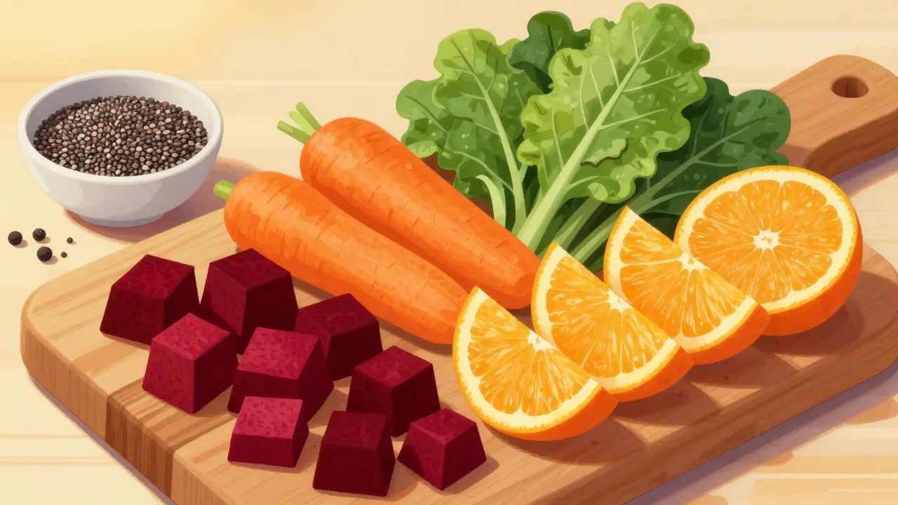 Chopped beetroot, carrots, and greens on a wooden board with chia seeds and pepper.