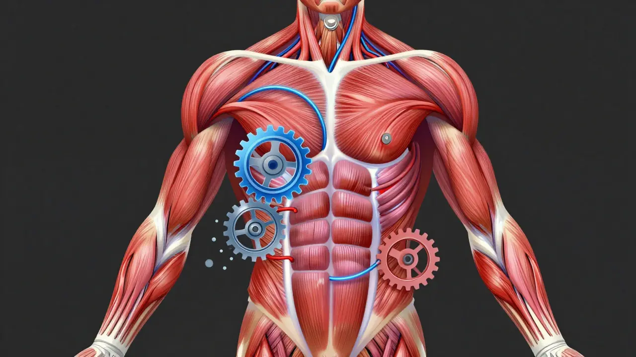 Conceptual art of muscles as engine parts being tuned for performance