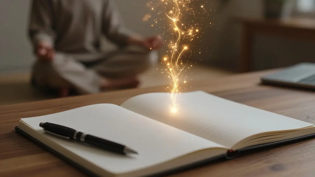 Golden sparks flowing from meditation to a blank notebook