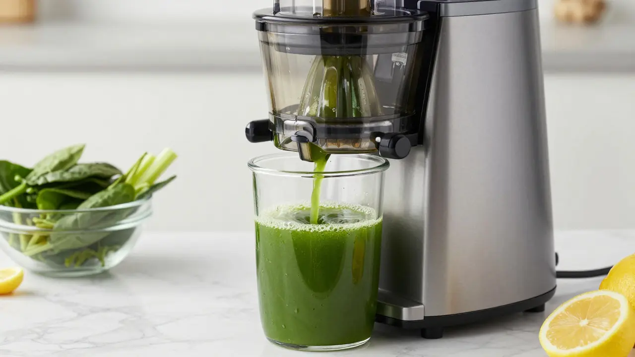 Green juice being extracted from spinach and celery in a slow juicer