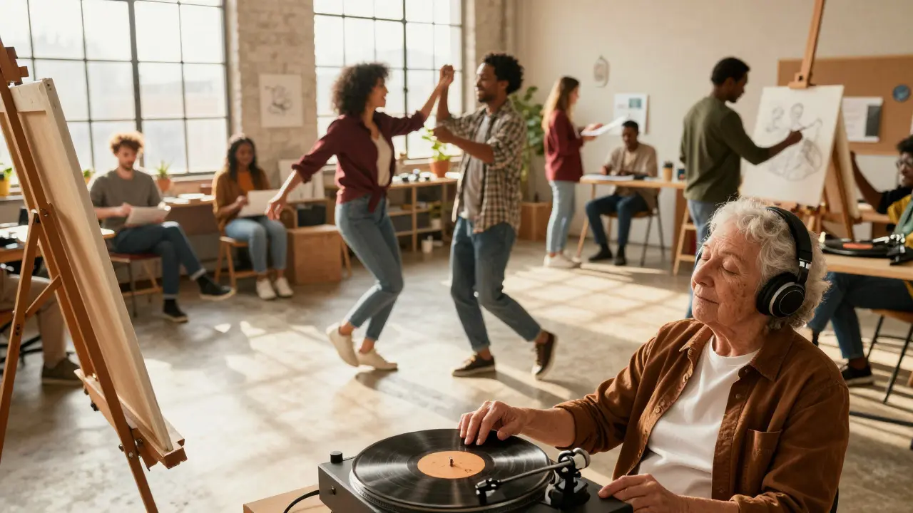 Group of people engaging in music, dance, and art in a community studio