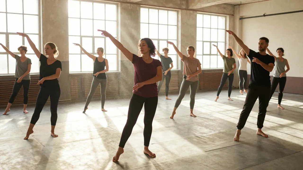 Group of people moving gently in a sunlit dance therapy studio