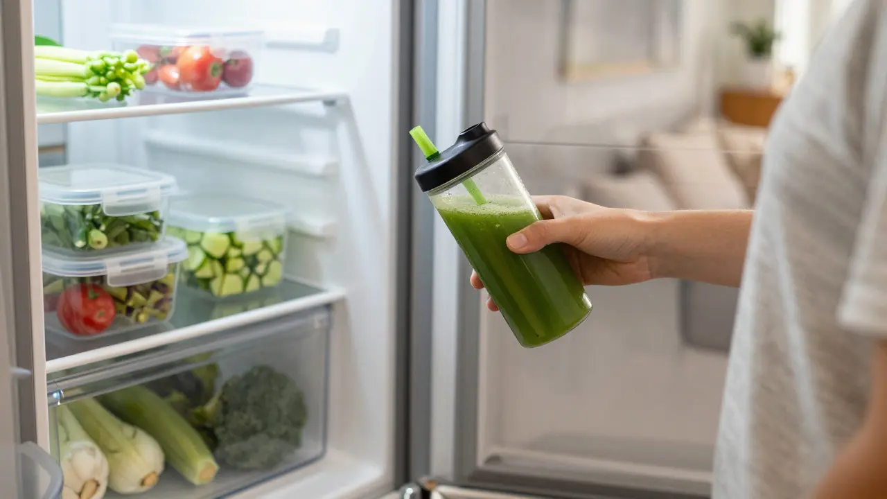 Hands holding a juice bottle next to a fridge with pre-prepped vegetable containers.