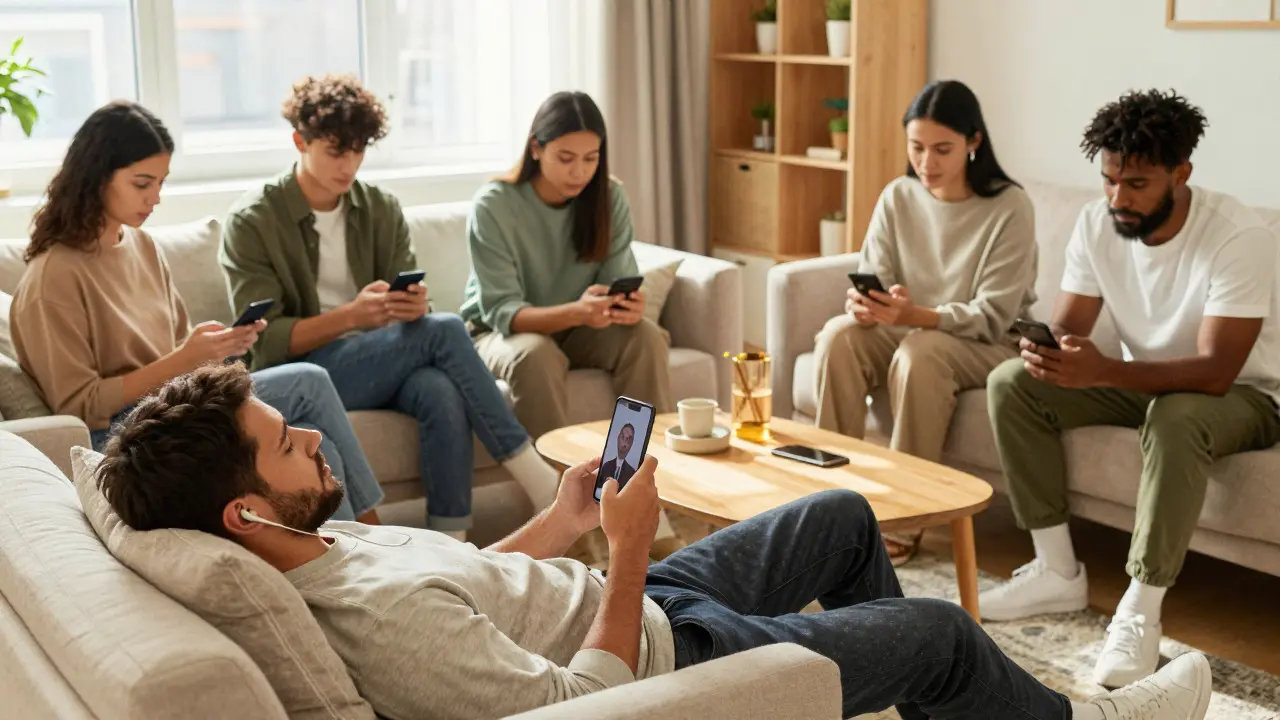 People using phones in a bright living room for telehealth