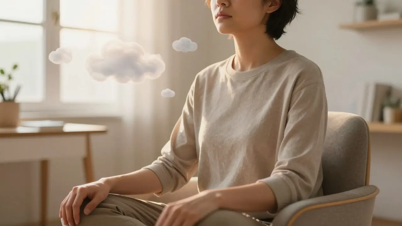 Person meditating calmly while abstract clouds fade away