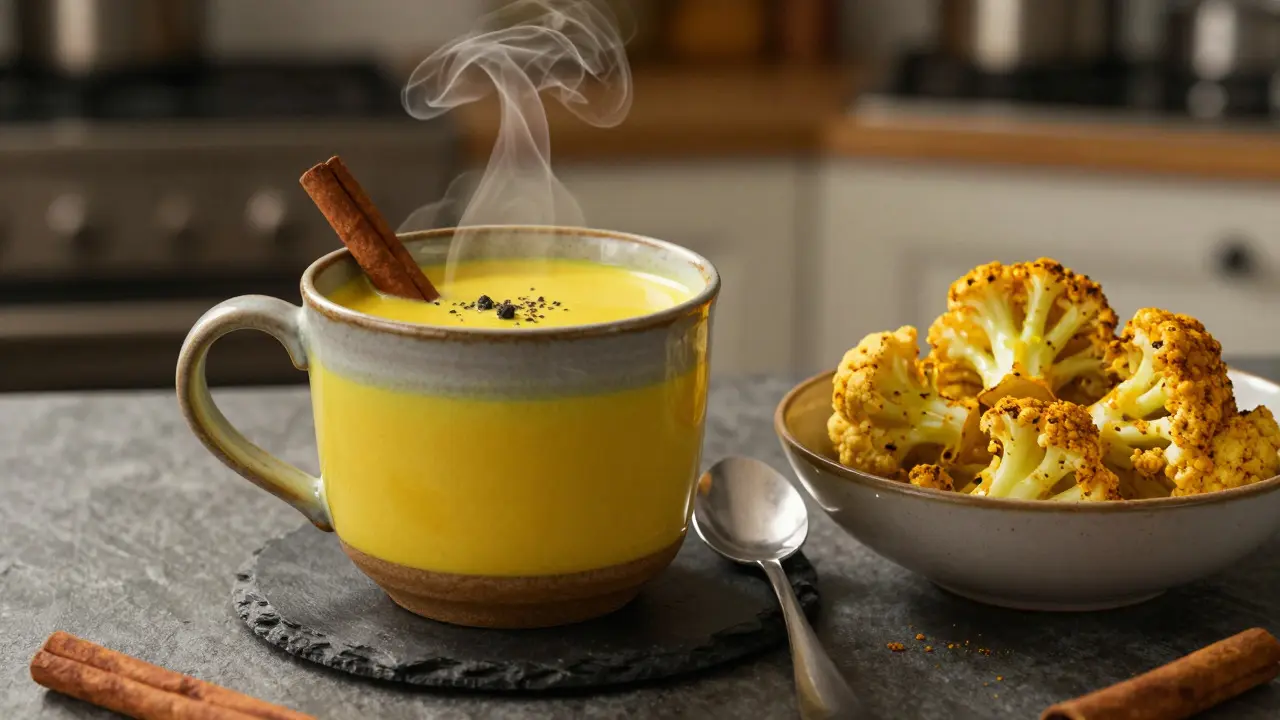 Steaming mug of golden milk and turmeric-roasted vegetables on a kitchen counter.