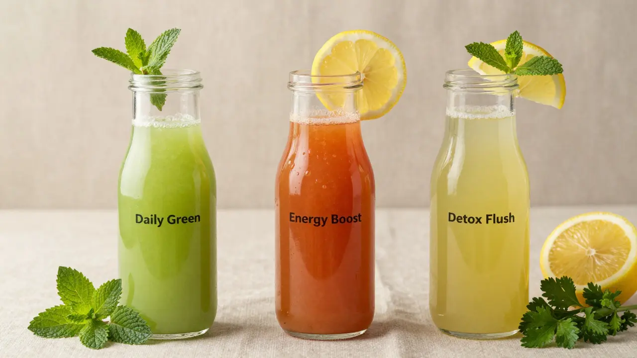 Three colorful health juice bottles garnished with herbs and fruit